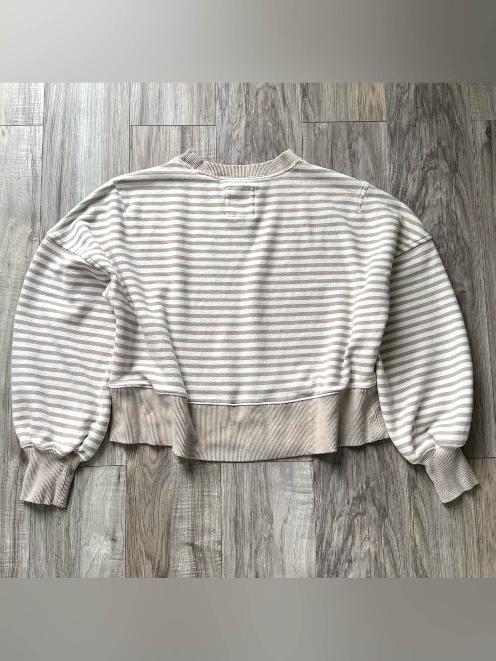 aerie Taupe and White Striped Cropped Classic Crew Sweatshirt - Picture 8 of 9